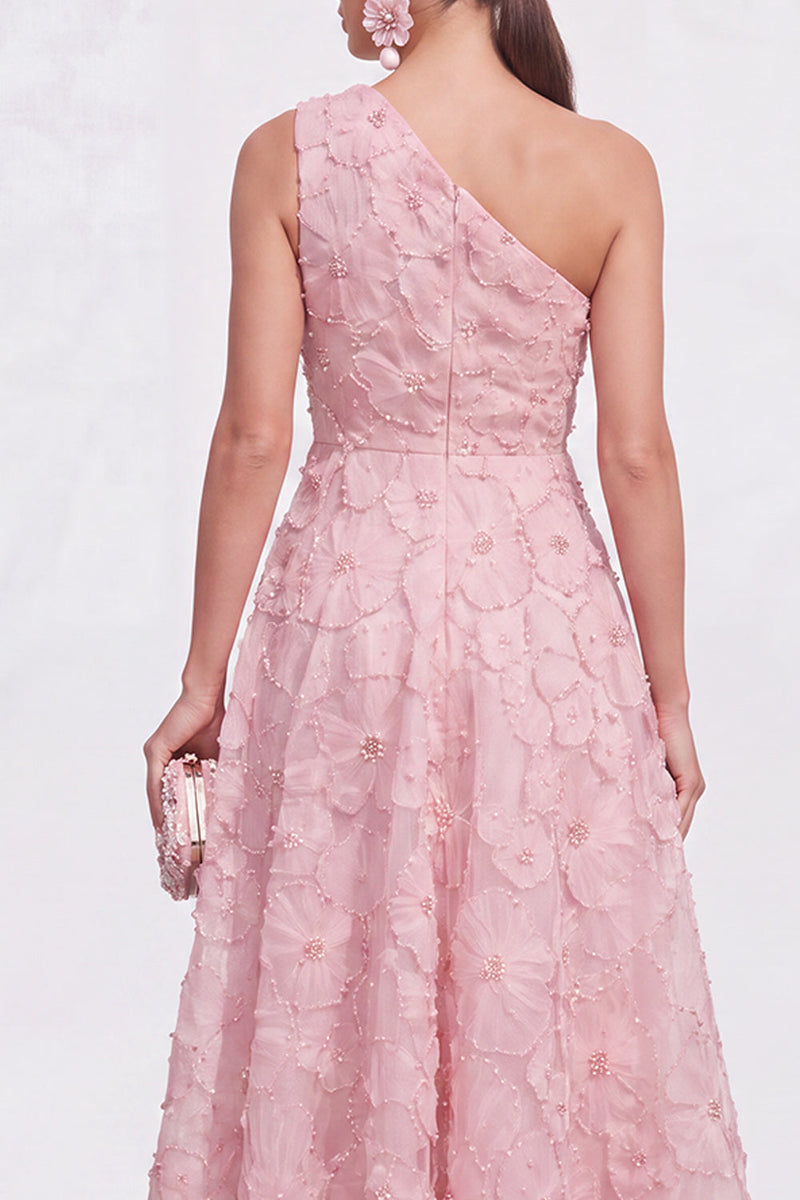 Laden Sie das Bild in den Galerie-Viewer, Blaues A-Linie Einschulteriges Blumen Midi-Kleid mit Strass
