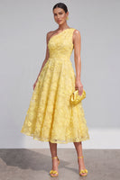 Laden Sie das Bild in den Galerie-Viewer, Blaues A-Linie Einschulteriges Blumen Midi-Kleid mit Strass
