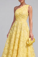 Laden Sie das Bild in den Galerie-Viewer, Blaues A-Linie Einschulteriges Blumen Midi-Kleid mit Strass