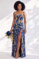 Laden Sie das Bild in den Galerie-Viewer, Blaues Quadrathals-Samtkorsett – Blumen-Zügel, lange Brautjungfernkleid mit Schlitz