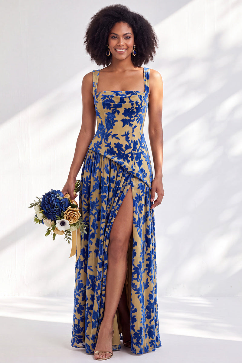 Laden Sie das Bild in den Galerie-Viewer, Blaues Quadrathals-Samtkorsett – Blumen-Zügel, lange Brautjungfernkleid mit Schlitz