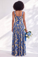 Laden Sie das Bild in den Galerie-Viewer, Blaues Quadrathals-Samtkorsett – Blumen-Zügel, lange Brautjungfernkleid mit Schlitz