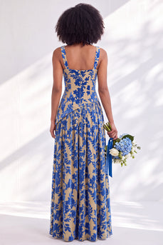 Blaues Quadrathals Samt Korsett Blumen Langes Brautjungfernkleid mit Schlitz