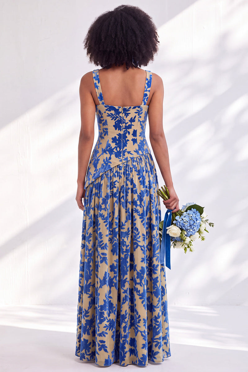 Laden Sie das Bild in den Galerie-Viewer, Blaues Quadrathals-Samtkorsett – Blumen-Zügel, lange Brautjungfernkleid mit Schlitz