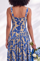 Laden Sie das Bild in den Galerie-Viewer, Blaues Quadrathals-Samtkorsett – Blumen-Zügel, lange Brautjungfernkleid mit Schlitz