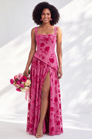 Laden Sie das Bild in den Galerie-Viewer, Blaues Quadrathals-Samtkorsett – Blumen-Zügel, lange Brautjungfernkleid mit Schlitz
