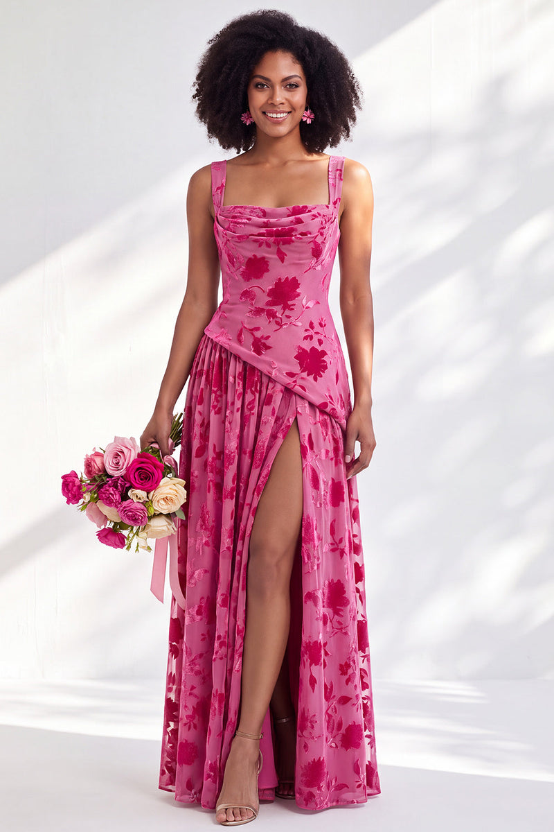 Laden Sie das Bild in den Galerie-Viewer, Blaues Quadrathals-Samtkorsett – Blumen-Zügel, lange Brautjungfernkleid mit Schlitz