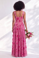 Laden Sie das Bild in den Galerie-Viewer, Blaues Quadrathals-Samtkorsett – Blumen-Zügel, lange Brautjungfernkleid mit Schlitz