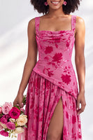 Laden Sie das Bild in den Galerie-Viewer, Blaues Quadrathals-Samtkorsett – Blumen-Zügel, lange Brautjungfernkleid mit Schlitz