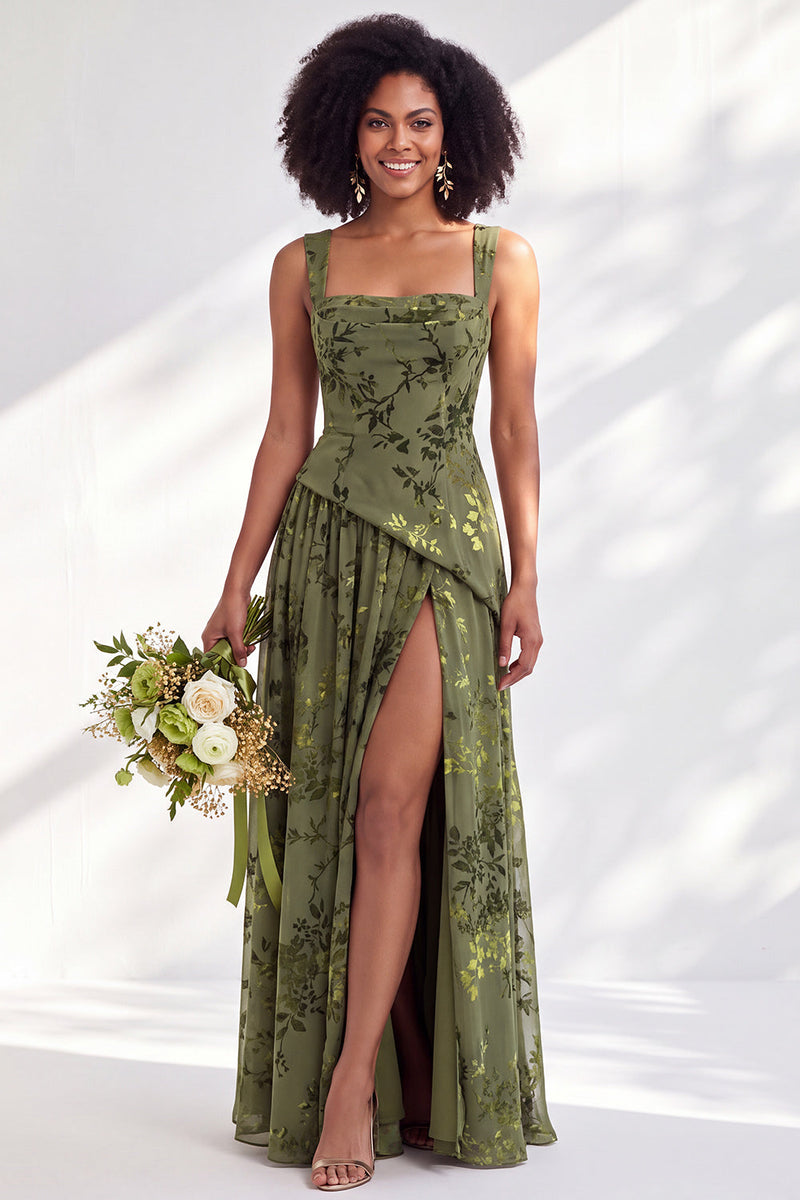Laden Sie das Bild in den Galerie-Viewer, Blaues Quadrathals-Samtkorsett – Blumen-Zügel, lange Brautjungfernkleid mit Schlitz