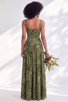 Laden Sie das Bild in den Galerie-Viewer, Blaues Quadrathals-Samtkorsett – Blumen-Zügel, lange Brautjungfernkleid mit Schlitz