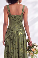 Laden Sie das Bild in den Galerie-Viewer, Blaues Quadrathals-Samtkorsett – Blumen-Zügel, lange Brautjungfernkleid mit Schlitz