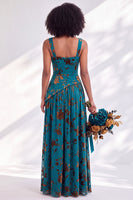 Laden Sie das Bild in den Galerie-Viewer, Blaues Quadrathals-Samtkorsett – Blumen-Zügel, lange Brautjungfernkleid mit Schlitz