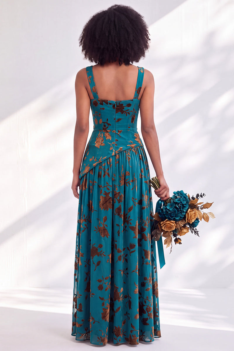 Laden Sie das Bild in den Galerie-Viewer, Blaues Quadrathals-Samtkorsett – Blumen-Zügel, lange Brautjungfernkleid mit Schlitz