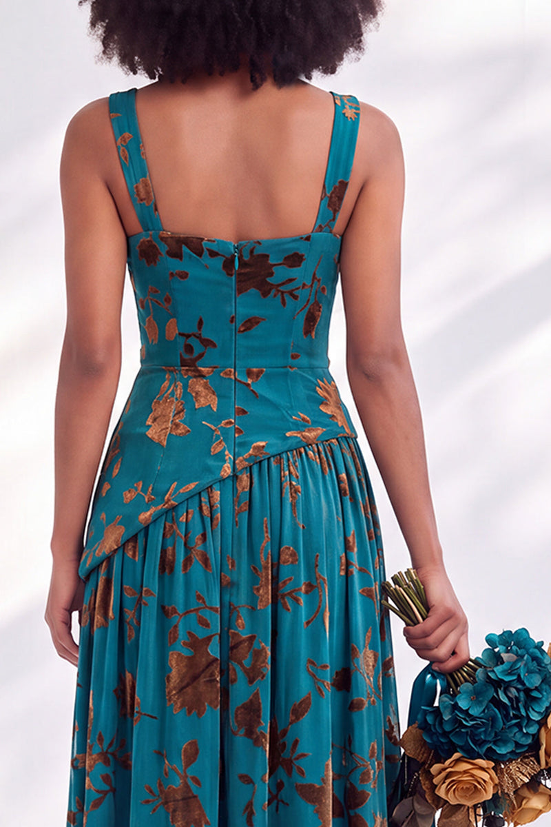 Laden Sie das Bild in den Galerie-Viewer, Blaues Quadrathals-Samtkorsett – Blumen-Zügel, lange Brautjungfernkleid mit Schlitz
