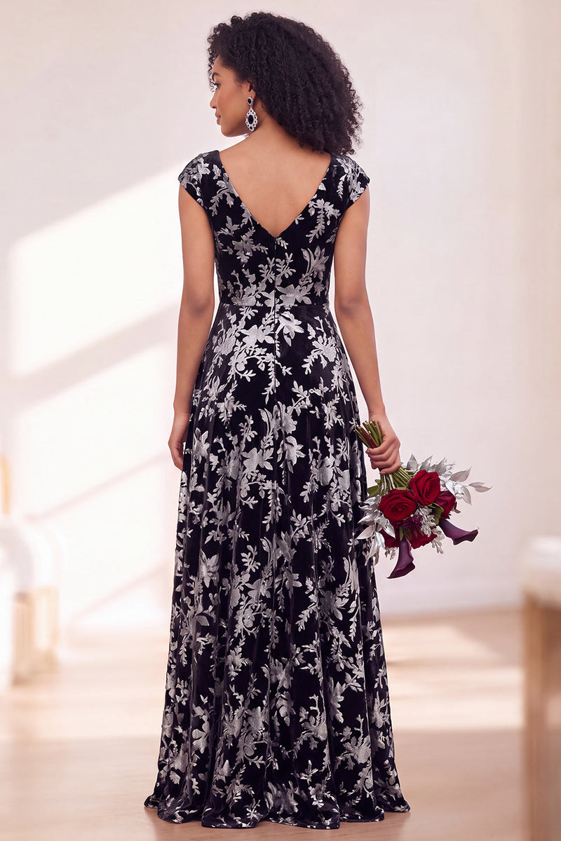 Laden Sie das Bild in den Galerie-Viewer, Schwarzes Silberblumensamt-Zopfen-Langes Brautjungfernkleid mit Mützenärmeln