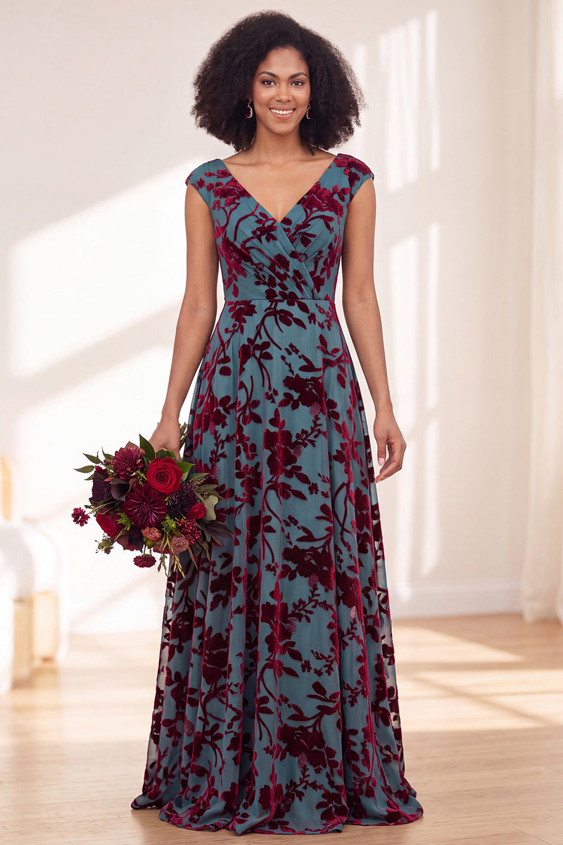 Laden Sie das Bild in den Galerie-Viewer, Schwarzes Silberblumensamt-Zopfen-Langes Brautjungfernkleid mit Mützenärmeln