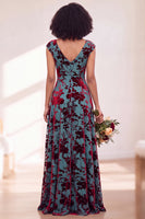 Laden Sie das Bild in den Galerie-Viewer, Schwarzes Silberblumensamt-Zopfen-Langes Brautjungfernkleid mit Mützenärmeln