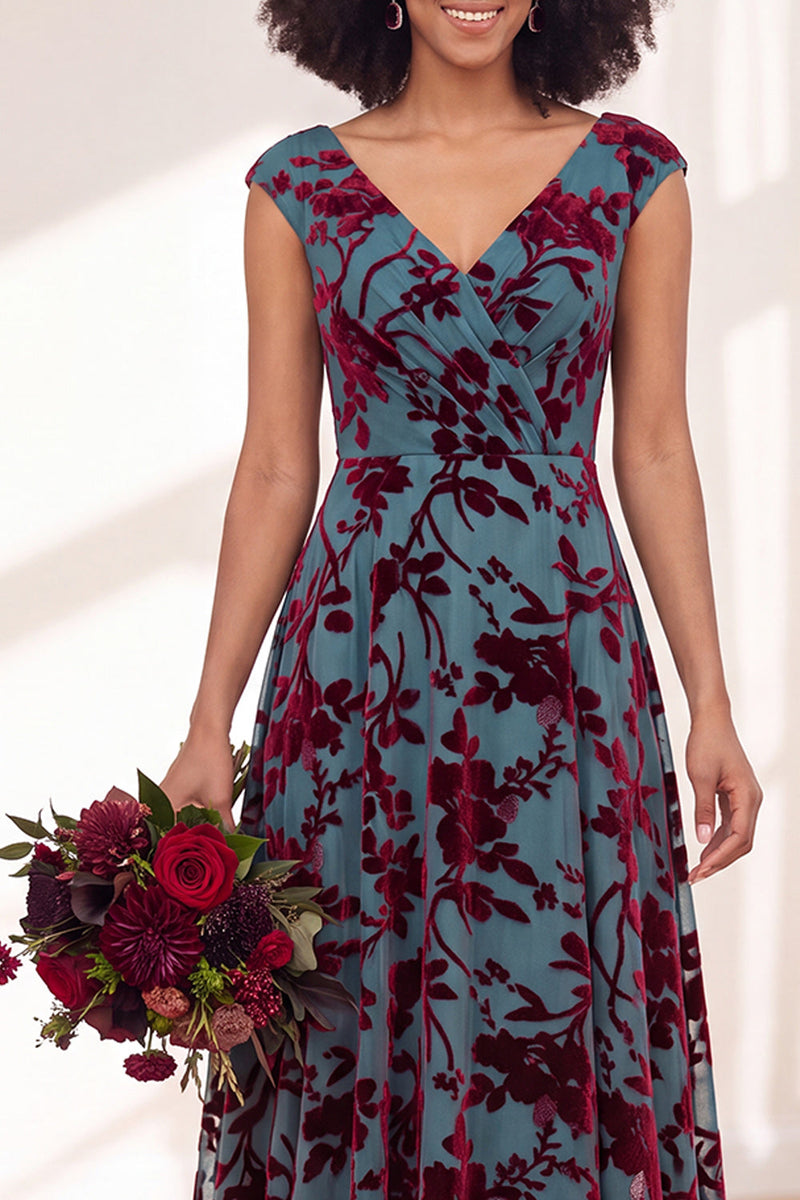Laden Sie das Bild in den Galerie-Viewer, Schwarzes Silberblumensamt-Zopfen-Langes Brautjungfernkleid mit Mützenärmeln