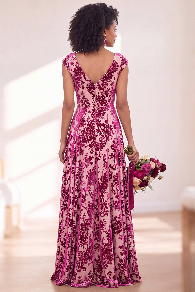 Laden Sie das Bild in den Galerie-Viewer, Schwarzes Silberblumensamt-Zopfen-Langes Brautjungfernkleid mit Mützenärmeln
