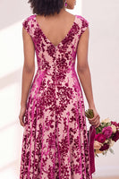 Laden Sie das Bild in den Galerie-Viewer, Schwarzes Silberblumensamt-Zopfen-Langes Brautjungfernkleid mit Mützenärmeln