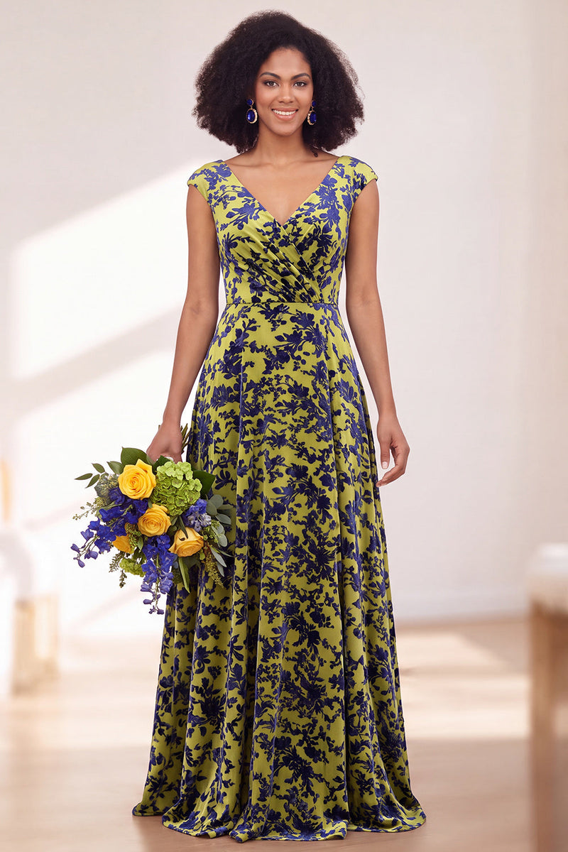 Laden Sie das Bild in den Galerie-Viewer, Schwarzes Silberblumensamt-Zopfen-Langes Brautjungfernkleid mit Mützenärmeln