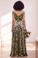 Laden Sie das Bild in den Galerie-Viewer, Schwarzes Silberblumensamt-Zopfen-Langes Brautjungfernkleid mit Mützenärmeln