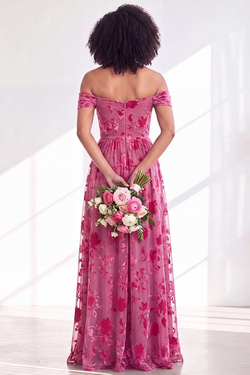 Laden Sie das Bild in den Galerie-Viewer, Off-the-shoulder Fuchsia Samt A-Linie Langes Brautjungferkleid