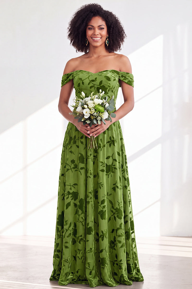 Laden Sie das Bild in den Galerie-Viewer, Off-the-shoulder Fuchsia Samt A-Linie Langes Brautjungferkleid