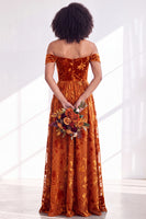 Laden Sie das Bild in den Galerie-Viewer, Off-the-shoulder Fuchsia Samt A-Linie Langes Brautjungferkleid