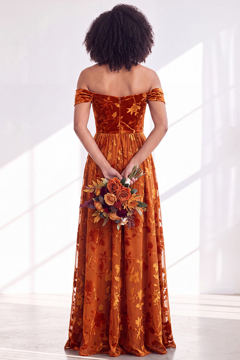 Laden Sie das Bild in den Galerie-Viewer, Off-the-shoulder Fuchsia Samt A-Linie Langes Brautjungferkleid
