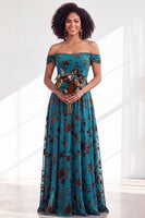 Laden Sie das Bild in den Galerie-Viewer, Off-the-shoulder Fuchsia Samt A-Linie Langes Brautjungferkleid