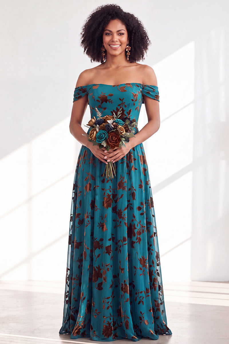 Laden Sie das Bild in den Galerie-Viewer, Off-the-shoulder Fuchsia Samt A-Linie Langes Brautjungferkleid