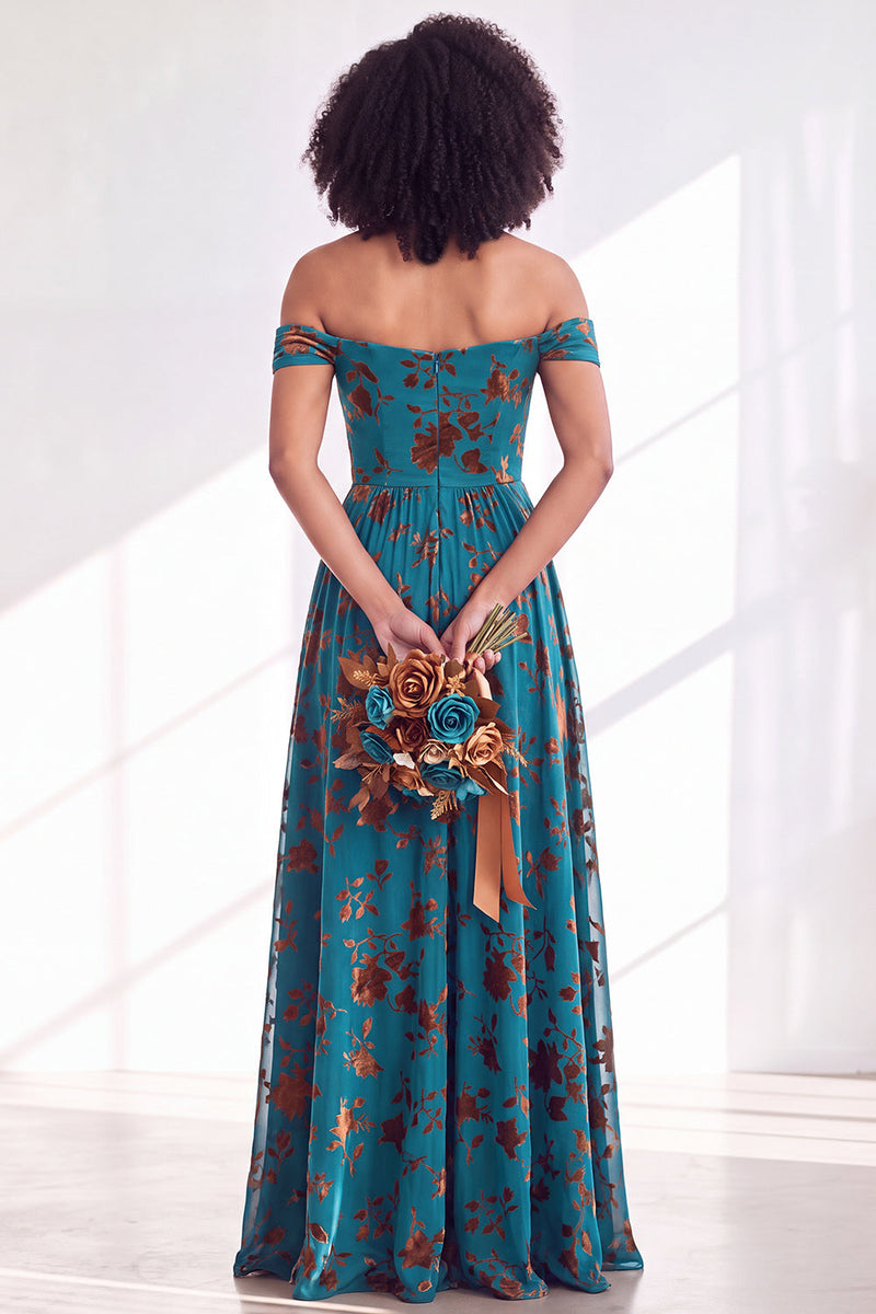 Laden Sie das Bild in den Galerie-Viewer, Off-the-shoulder Fuchsia Samt A-Linie Langes Brautjungferkleid