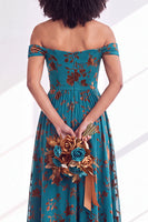 Laden Sie das Bild in den Galerie-Viewer, Off-the-shoulder Fuchsia Samt A-Linie Langes Brautjungferkleid