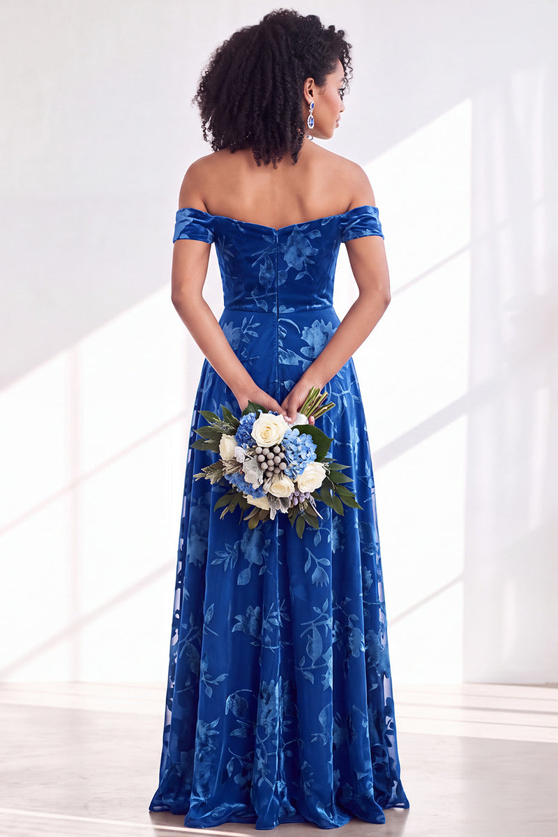 Laden Sie das Bild in den Galerie-Viewer, Off-the-shoulder Fuchsia Samt A-Linie Langes Brautjungferkleid