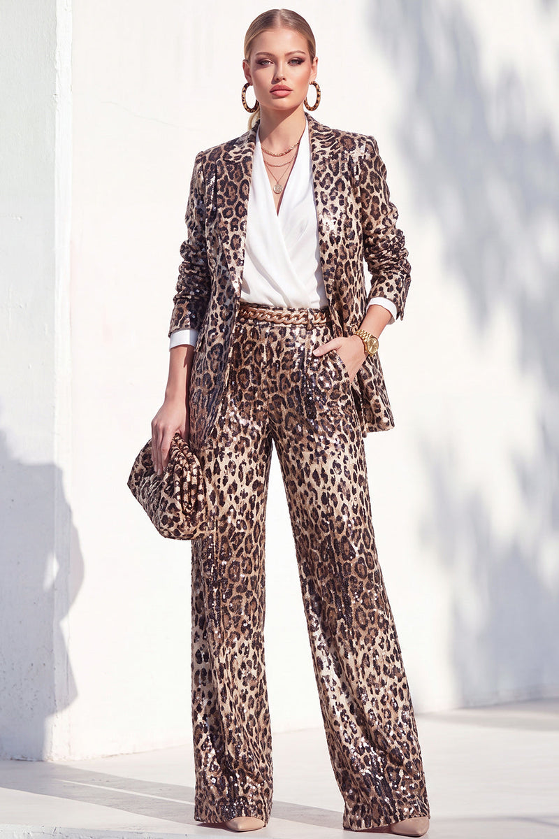 Laden Sie das Bild in den Galerie-Viewer, Coffee Leopard Pailletten Hosenanzüge mit Kerb Lange Damenanzüge mit Taschen