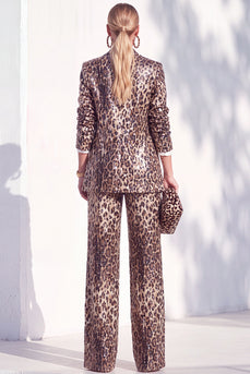 Coffee Leopard Pailletten Hosenanzüge mit Kerb Lange Damenanzüge mit Taschen