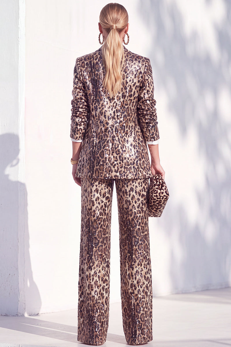 Laden Sie das Bild in den Galerie-Viewer, Coffee Leopard Pailletten Hosenanzüge mit Kerb Lange Damenanzüge mit Taschen