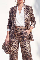 Laden Sie das Bild in den Galerie-Viewer, Coffee Leopard Pailletten Hosenanzüge mit Kerb Lange Damenanzüge mit Taschen