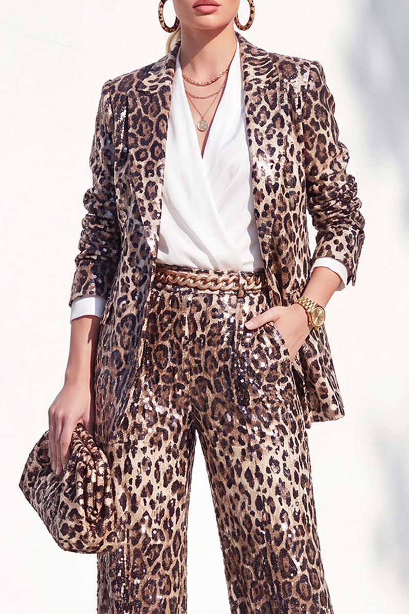 Laden Sie das Bild in den Galerie-Viewer, Coffee Leopard Pailletten Hosenanzüge mit Kerb Lange Damenanzüge mit Taschen
