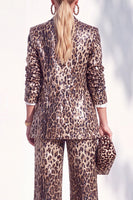 Laden Sie das Bild in den Galerie-Viewer, Coffee Leopard Pailletten Hosenanzüge mit Kerb Lange Damenanzüge mit Taschen