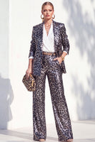 Laden Sie das Bild in den Galerie-Viewer, Coffee Leopard Pailletten Hosenanzüge mit Kerb Lange Damenanzüge mit Taschen