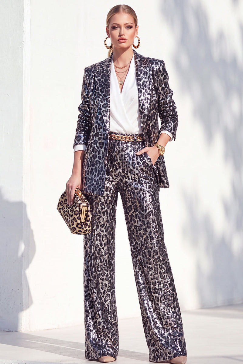 Laden Sie das Bild in den Galerie-Viewer, Coffee Leopard Pailletten Hosenanzüge mit Kerb Lange Damenanzüge mit Taschen