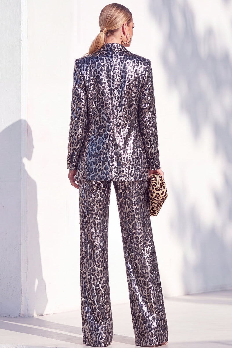 Laden Sie das Bild in den Galerie-Viewer, Coffee Leopard Pailletten Hosenanzüge mit Kerb Lange Damenanzüge mit Taschen