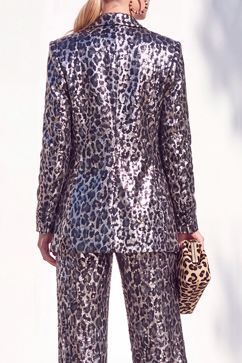 Laden Sie das Bild in den Galerie-Viewer, Coffee Leopard Pailletten Hosenanzüge mit Kerb Lange Damenanzüge mit Taschen