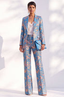 Laden Sie das Bild in den Galerie-Viewer, Lange Blaue Blumenmuster Damenanzüge mit Kerbdruck und Revers