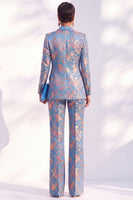 Laden Sie das Bild in den Galerie-Viewer, Lange Blaue Blumenmuster Damenanzüge mit Kerbdruck und Revers