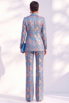 Lange Blaue Blumenmuster Damenanzüge mit Kerbdruck und Revers
