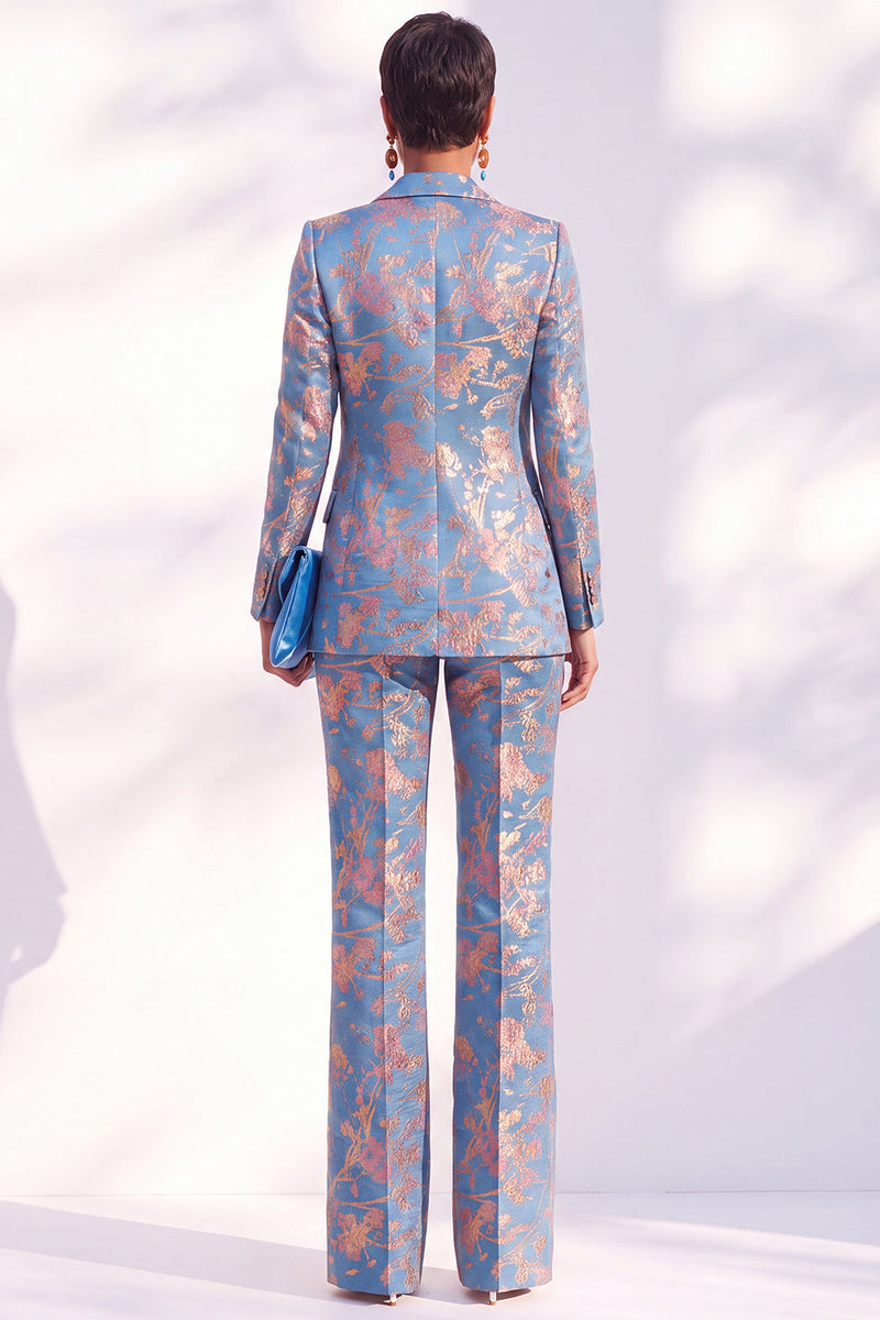 Laden Sie das Bild in den Galerie-Viewer, Lange Blaue Blumenmuster Damenanzüge mit Kerbdruck und Revers